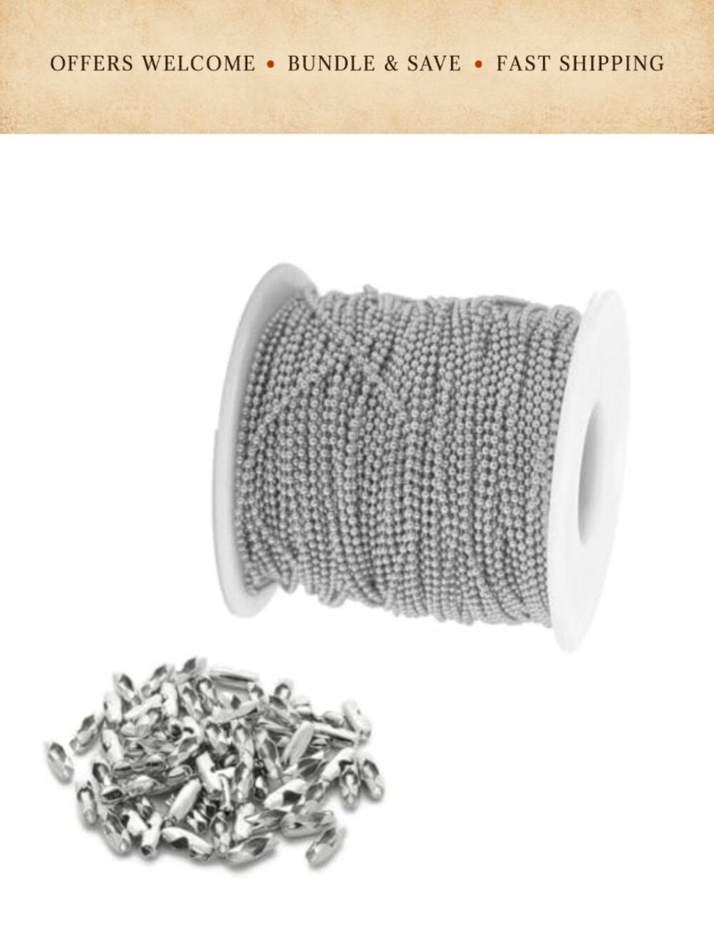Stainless Steel Ball Bead Chain 32 Feet with 50 Connectors for Jewelry Making